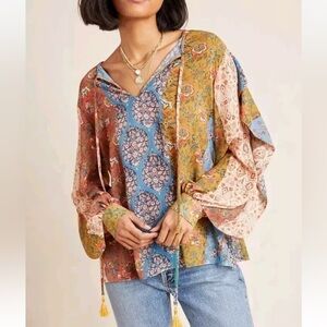 Joan Vass New York Blouse Long Sleeves Floral Patchwork Oversize Boho Large